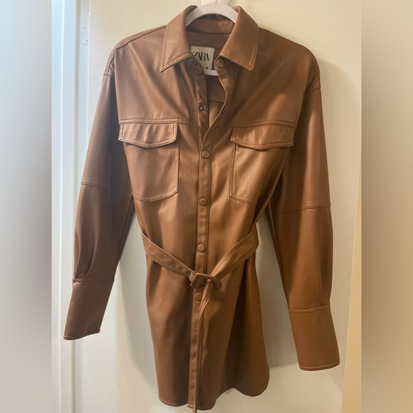 ZARA BELTED FAUX LEATHER SHIRT MINI DRESS - Picture 5 of 7